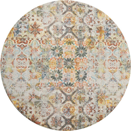 Bungalow Rose Patchwork Machine Braided Round 4 Faux Fur Area Rug in Yellow/Red | Wayfair
