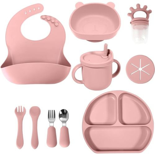 Silicone Baby Feeding Set | Baby Led Weaning Supplies | Toddler Self Feeding Dish Set with Suction Bowl, Divided Plate,Sippy Cup Spoons Forks Teether and Adjustable Bib, Eating Utensils for 6+Months - Pink