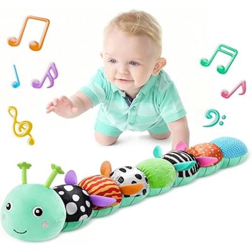 LIGHTDESIRE Baby Toys 6-12 Months Musical Caterpillar,Stuffed Animals Infant Toys 0-6 Months Sensory Toy with Ruler Design,Crinkle&Ring Bell,Baby Teething Toys for Tummy Time Boy Girl Gifts (Blue)