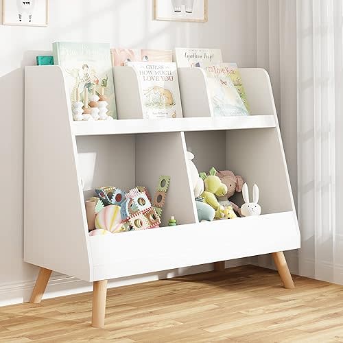 Kids Bookshelf and Toy Organizer, 5 Cubbies Wooden Open Bookcase, 2-Tier Baby Storage Display with Legs, Free Standing Bookshelf for Playing Room, Bedroom, Nursery, Classroom, White
