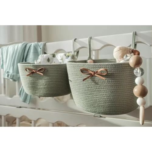 Crib Hanging Storage Organizer, Nursery Decor Organizer, Bedside Newborn Cotton Basket for Diapers, Crib basket, Knitted Bow Basket, Hair Styler/Makeup Organizer, Babyregistry (Sage Green, M)