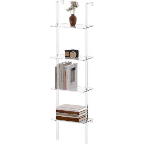 Small Acrylic Ladder Bookshelf, 9.5" D x 15.6" W, 4-Tier Clear Wall Mounted Book Shelf for Small Spaces, Multipurpose Bookcase for Living Room, Bathroom, Office, Modern, 59" H