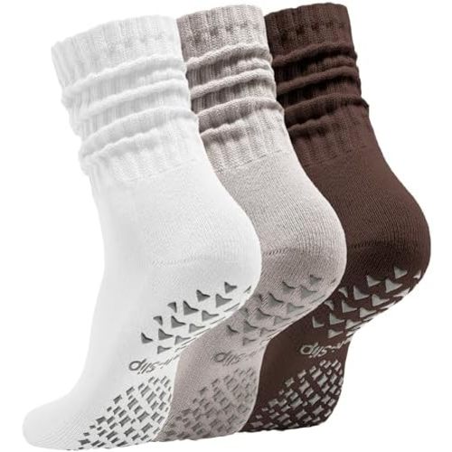 Women’s Pilates Socks with Grips – 3 Pairs Scrunch Crew Non-Slip Yoga Barre Workout Hospital Slipper Slouch Socks