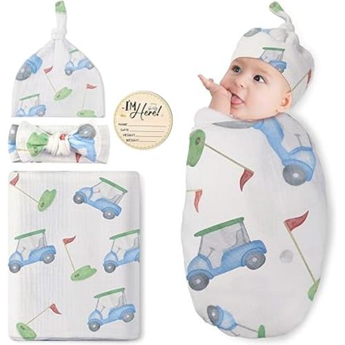 Preboun Baby Golf Swaddle Blanket and Headband Set Muslin Cotton Gender Newborn and Baby Nursery Essentials for Boys