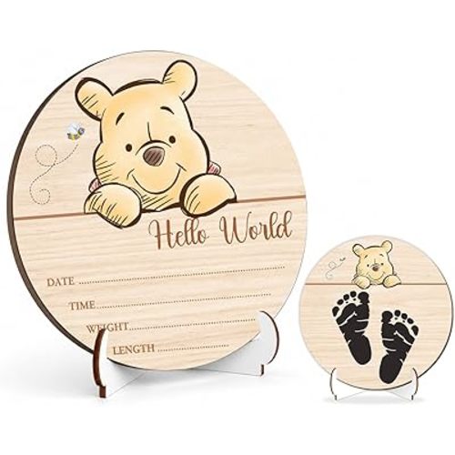 Winnie Baby Wooden Newborn Birth Sign, Winnie Hello World Newborn Signs, The Pooh Baby Announcement Sign, Double Sided Babies Name Plaques Photography Prop, Hello World for New Mom Babies