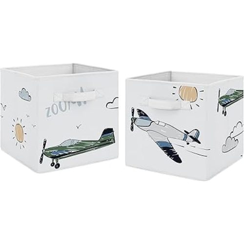 Sweet Jojo Designs Vintage Airplane Boy Collapsible Fabric Storage Cubes Foldable Bins Organizer Boxes Kids Baby Childrens Toys (Set of 2) Grey Green Blue White Yellow Airplanes Plane Transportation