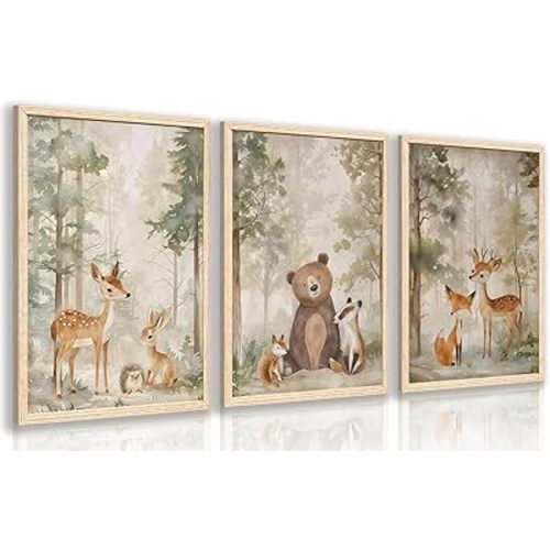 Cyebmo Woodland Animals Wall Art Set of 3, Baby Boy Wild Forest Animals Wall Decor, Deer Bear Fox Canvas Painting, Neutral Aesthetic Pictures for Kids Room Benroom Nursery Wood Framed 12"x16"x3