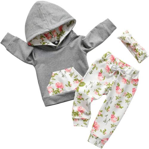 Eghunooy Baby Girl Clothes Long Sleeve Floral Hoodie Sweatshirt Pants with Pocket Headband Outfit Sets - 3-6 Months - Grey