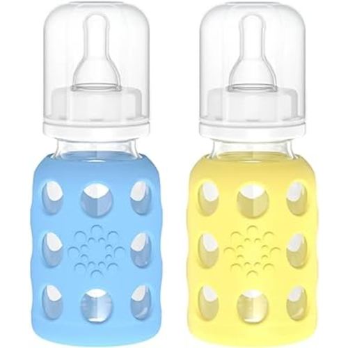 Lifefactory Glass Baby Bottles with Silicone Protection - 2-Pack, 4 oz Bottles, Sky Blue & Banana