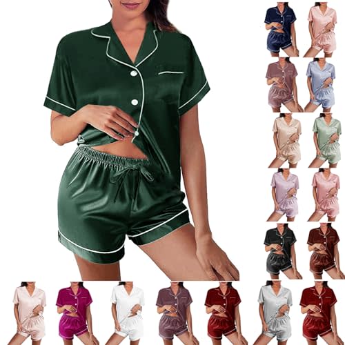 WJing Yi Jia Womens Silk Satin Pajamas Loungewear Two-Piece Sleepwear Button-Down Floral Pj Set XS-4XL