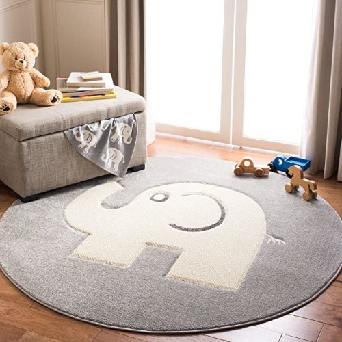 SAFAVIEH Carousel Kids Collection Area Rug - 3' Round, Grey & Ivory, Elephant Design, Non-Shedding & Easy Care, Ideal for High Traffic Areas for Boys & Girls in Playroom, Nursery, Bedroom (CRK165B)