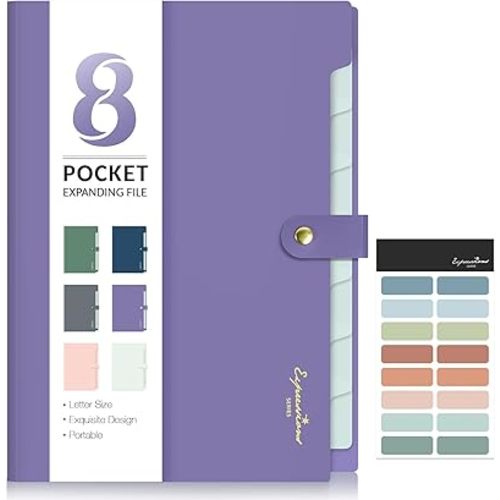 Sooez Elegant Accordion File Organizer with Labels, 8 Pocket Expanding File Folder, Portable Folders for Documents, Cute Paper Organizer for School Office Supplies, Letter Size, Purple