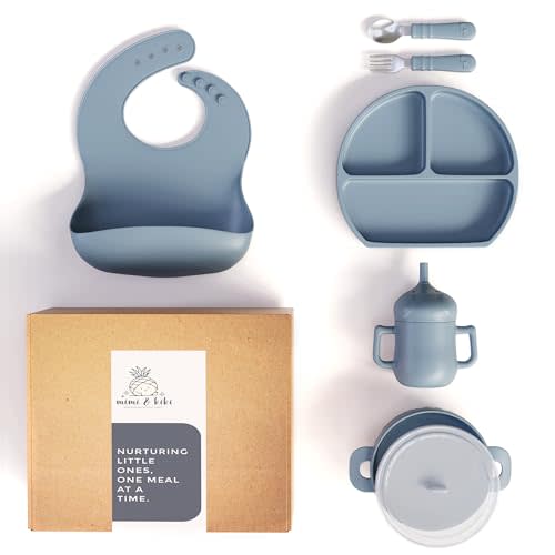 mimi & kiki BPA-Free Silicone Baby Feeding Set, Baby Plates and Bowls Set, Baby Led Weaning Supplies, Silicone Suction Plate, Baby Utensils, Bib and Cup, Self Feeding, Dishwasher Safe (Blue)