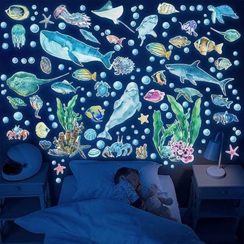 Glow in The Dark Ocean Fish Wall Decals,Under The Sea Wall Stickers Decals Decor Luminous Sea Life Animals Waterproof Stick Wall Decal for Kids Boys Bedroom Watercolor Ocean Creatures Decor (Ocean)