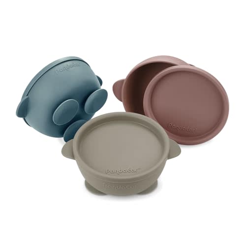 PandaEar 3 Pack Baby Bowls with Suction, Silicone Toddler Bowls with Lids, No Spill Suction Bowls for Baby Infant First Stage, Baby Food Feeding Bowl Set, Blue/Brown/Red