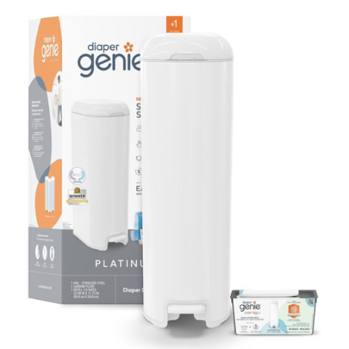 Diaper Genie Platinum Pail Gift Set, Lily White, Made of Durable Stainless Steel and Includes 2 Easy Roll Refills with 18 Bags and 30 Bags