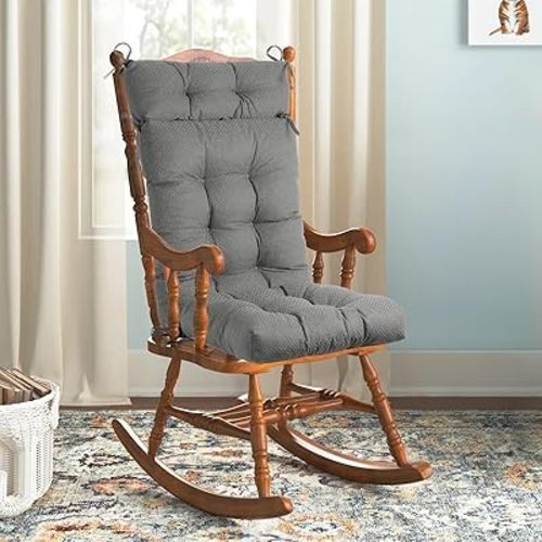 Rocking Chair Cushion - Sackcloth Fabric, High-Density Sponge, Durable Comfort Non-Slip Bottom Tufted Seat Pads with Ties, Sackcloth︱Pale Grey, 52x19x4 inch