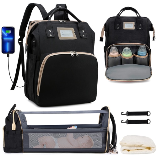 Diaper Bag Backpack, Multifunctional Baby Changing Bag with Foldable Crib & Insulated Milk Bottle Pocket, Large Capacity Travel Backpack with USB Charging Port & Stroller Strap (Black)