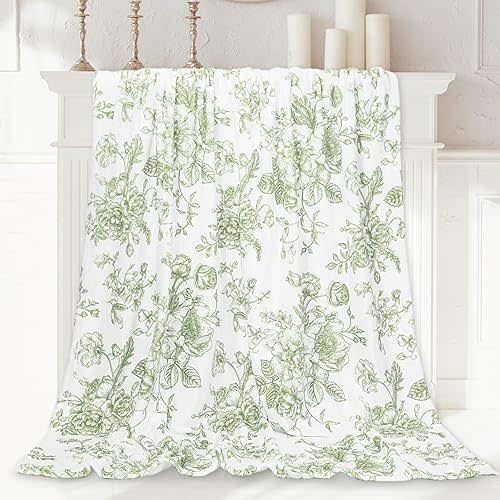 Floral Fuzzy Blanket Green Flowers Throw Blanket Decorative Soft Cozy Flannel Blanket for Home Bed Sofa Couch Chair, 50 x 60 Inch