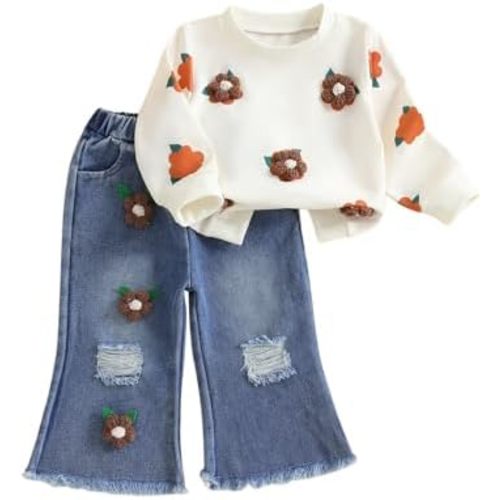 Toddler Baby Girl Clothes Fall Winter Baby Girl Outfit Floral Crewneck Sweatshirt Bell Bottom Jeans Pants Set