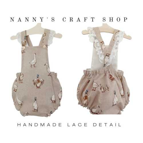 Handmade Linen Baby Bubble Romper: Goose Print, Lace Straps. Handmade baby. Baby gift. Baby girl romper. Baby girl overalls