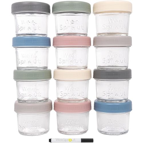 WeeSprout Glass Baby Food Storage Jars w/Lids (4 oz, 12 Pack Set) Snack, Puree, Breast Milk Reusable Small Containers, Fridge or Freezer, Microwave & Dishwasher Safe, Essential Must Have for Infants - Matte Variety - 4 oz (Plastic Lids + Embossed Glass)