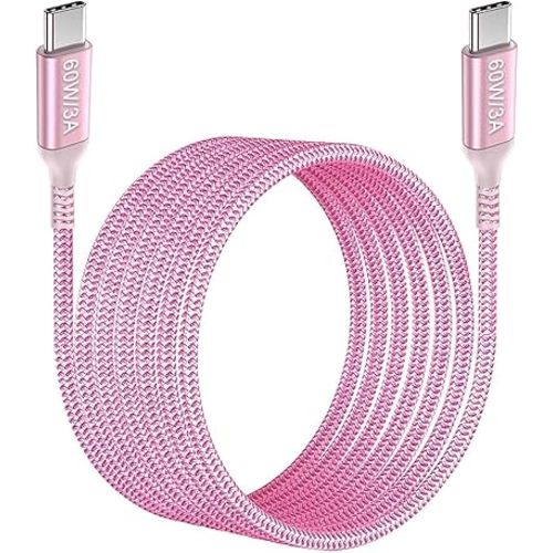 Awnuwuy 60W USB C to USB C Cable 10ft Pink Long Type-C Fast Charging Charger Cord Compatible with iPhone 15/15 Pro/15 Plus/15 Pro Max,Samsung Galaxy S23 S22 Note 20 10,Pixel 7,MacBook Pro/Air