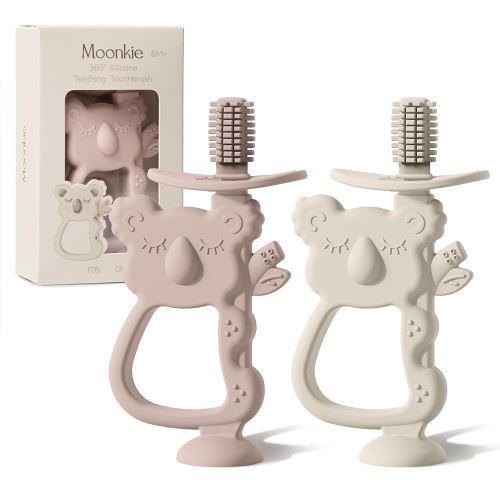 Moonkie Teething Toy Set of 2, Safe & Easy to Hold BPA Free Silicone Teethers, 360° Baby Toothbrush with Suction Base, Teether Toys Best for Babies 6-12 Months (Koala Blush/Shifting Sand)