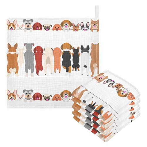 Dog Faces Baby Muslin Washcloths 5 Pack Dog Back Burp Cloth Christmas Shower Gift Soft Absorbent Infant Wipes Fingertip Face Towels for Newborn Boys Girls Kids, 12 x 12 in