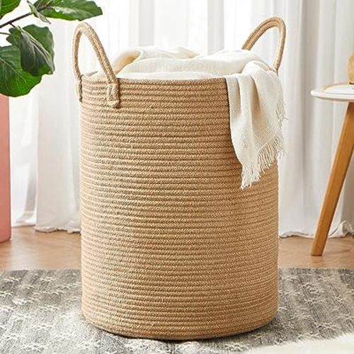 Jute Woven Rope Laundry Hamper Basket, 15Dx20H inches Tall Hamper Basket for Blanket Storage, Nursery Clothes Hamper for Laundry in Bedroom
