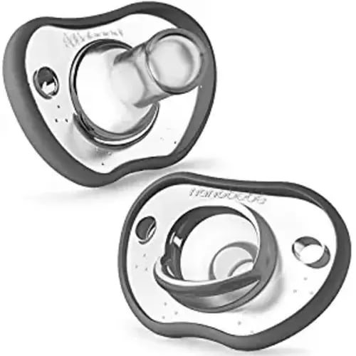 Nanobebe Baby Pacifiers 0-3 Month - Orthodontic, Curves Comfortably with Face Contour, Award Winning for Breastfeeding Babies, 100% Silicone - BPA Free. Perfect Baby Registry Gift 2pk,Grey - 2 Count (Pack of 1) - 0-3 Months Grey