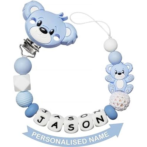 Personalized Pacifier Clip with Name for Baby, Customized Pacifier Clip Fits All Pacifiers, Baby Birthday Gift for Boys and Girls, Bear (Blue)