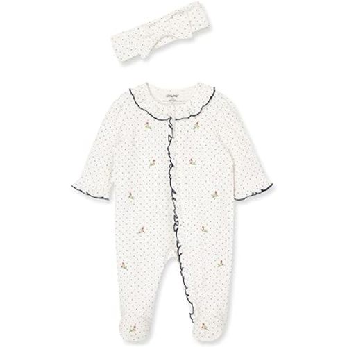 Little Me Baby Girls 100% Cotton 2-piece Zipper Closure Footie and Headband Set