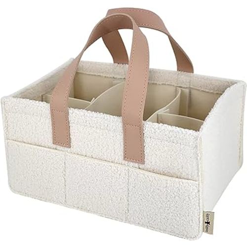 Teddy Sherpa Diaper Caddy - Beige Baby Nursery Organizer for Diapers and Baby Essentials, Neutral Nursery, Baby Registry Must Have, Portable Diaper Storage Basket
