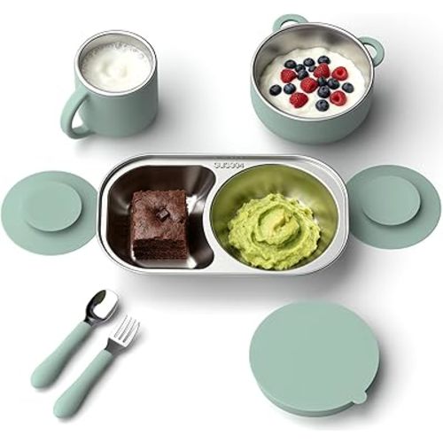 Bakpoco Toddler Plates and Bowls Set Stainless Steel Feeding Set with Suction, Detachable Baby Bowls, Kids Plates, Cup & Utensils, Baby Feeding Essentials for Self Feeding, Dinnerware Set, Sage