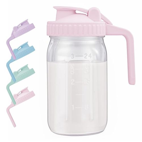 Breast Milk Pitcher with Leak Proof Flip Cap & Pour Spout, 32 oz Wide Mouth Mason Jars for Breast Milk Storage Container, Glass Picther with Lid for Cold Brew Coffee, Sun Tea, Juices, Pink