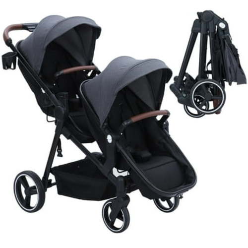 Danolapsi Double Stroller Track Tandem Stroller for Infant and Toddler, Foldable Pushchair Bassinet Pram, Multi-Position Reversible & Adjustable Backrest, Large Storage Basket and Canopy