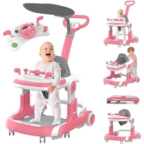 Baby Walker, 5 Modes Foldable Baby Walker with Wheels, Music, 4-Height Baby Toddler Walker with Push Handle, Activity Center, Food Tray, Sunshade, Baby Walkers for Babies 6-12 Months Boys Girls