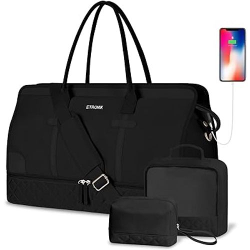 ETRONIK Weekender Overnight Bag for Women, Large Travel Duffle Bag with Shoe Compartment & Wet Pocket, Carry On Tote Bag Gym Duffel Bag with Toiletry Bag, Bag for Hospital 3 Pcs Set, XL Size, Black