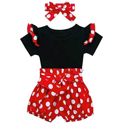 Baby Girls Ruffle Sleeves Romper Top+Polka Dots Shorts Pants Set with Headband Birthday Outfit Summer Boutique Clothes