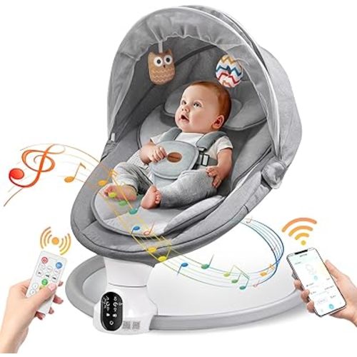 Baby Swings for Infants - Exclusive App & Bluetooth Function, Electric Baby Swing with 5 Point Harness & 5 Sway Speeds, 10 Preset Lullabies, Portable Infant Swing for Indoor/Outdoor (Light Gray)