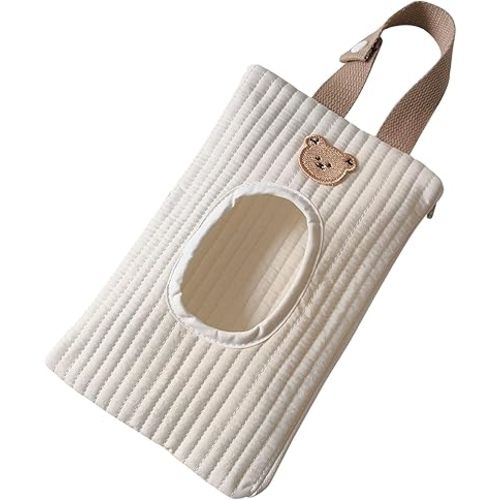 Quilted Baby Diaper and Wipes Pouch Portable Mommy Bag for Stroller Reusable Wipes Pouch with Lanyard for Casual Travel (White Bear)