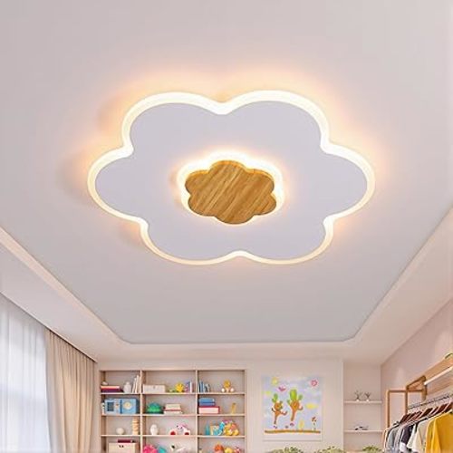 LED Ceiling Light Fixture 15.7in Dimmable Flower Shape Wooden Nursery Light with Remote for Kids Room, Bedroom, Living Room
