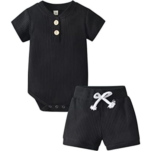 Derouetkia Summer Newborn Baby Boy Girl Clothes Solid Color Ribbed Romper and Shorts Outfits Set