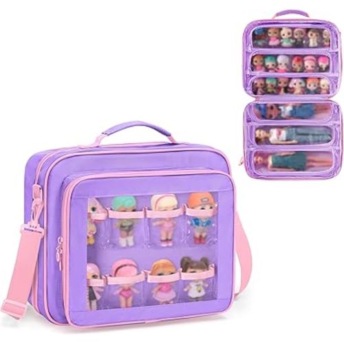 Doll Carrying Case Compatible with LOL Surprise Dolls All, Display Storage for Doll Organizer with 7 Clear Zipper Pockets and a Handle Strap & Shoulder Strap, Purple, Bag Only (Patented Design)