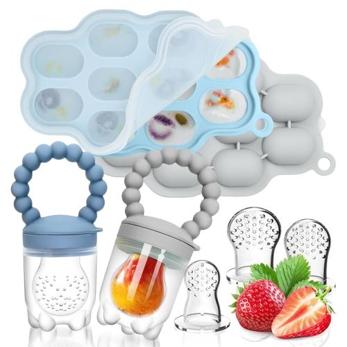 Silicone Baby Fruit Food Feeder, 2 Pack Freezer Tray with lid for Batch Prep,Introduce New Foods, Breastmilk Popsicle Molds, Silicone Teething Toys, Includes 6 Extra Food Pacifier