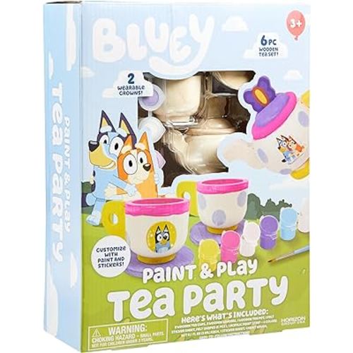 Bluey Paint & Play Tea Party, 6-Piece Wooden Tea Set, Customize with Paint & Bluey Stickers, 2 Wearable Crowns, Fun Toys for Kids, Cute Birthday Party Decorations, Pretend Play Tea Party, Bluey Toys