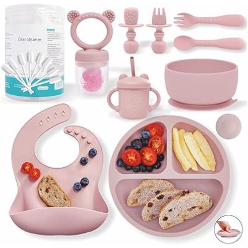 Baby Led Weaning Supplies | Silicone Baby Feeding Set Includes Suction Bowls and Plates, Baby Utensils Spoons and Forks,Cup for Toddler | Babies Eating Dishes Set 6-12 Months（Pink）