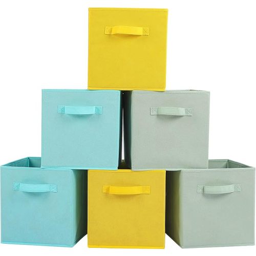 13x13x13 Inch Fabric Storage Bins 6 Pack Fun Colored Storage Cubes with Handles Foldable Cube Baskets for Home, Kids, Closet and Toys Organizer, Cyan, Green, Yellow