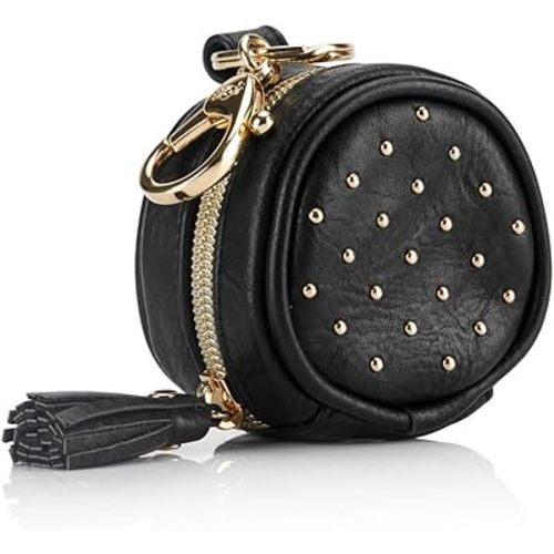 Chelsea + Cole for Itzy Ritzy Studded Pacifier Case with Clip; Pacifier Charm Pod includes Clasp, Measures 2.5" in Diameter & Holds 2 Pacifiers; Black with Sweetheart Print Interior and Gold Hardware